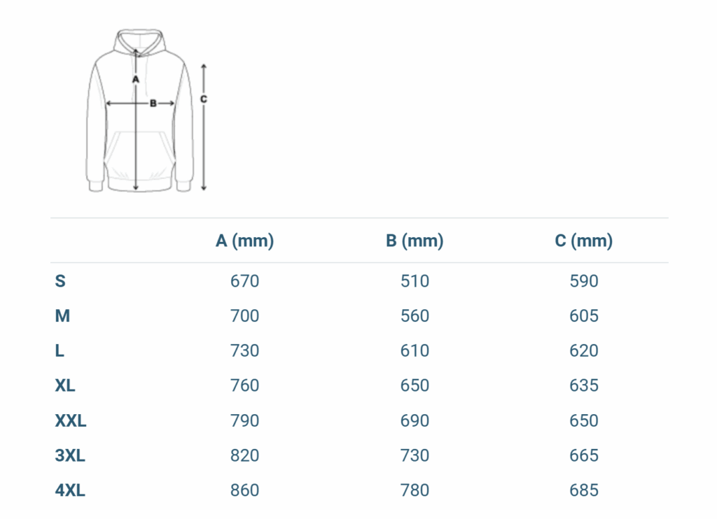 Größentabellle hoodie unisex teamshirts